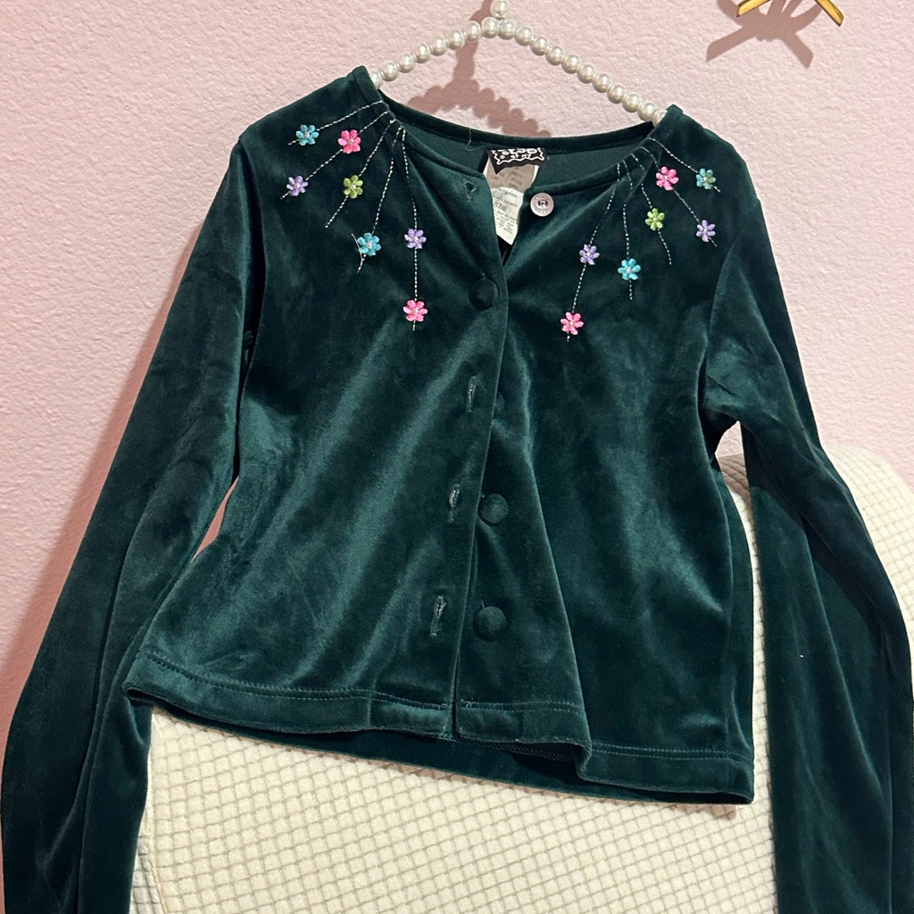 Pogo Club Of Ny  Green Velvet Cardigan With Floral Embroidery